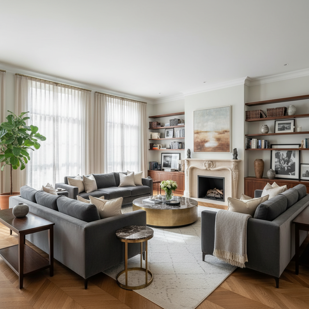 Elegant living room with bespoke sofa, decorative pillows, and artful accessories in warm natural light