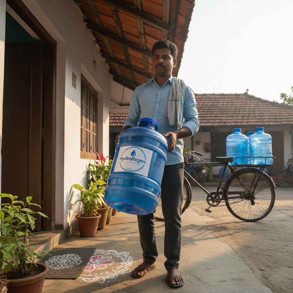 Premium 20-litre water can with mountain spring label, Himalayan mountain backdrop, crisp morning light