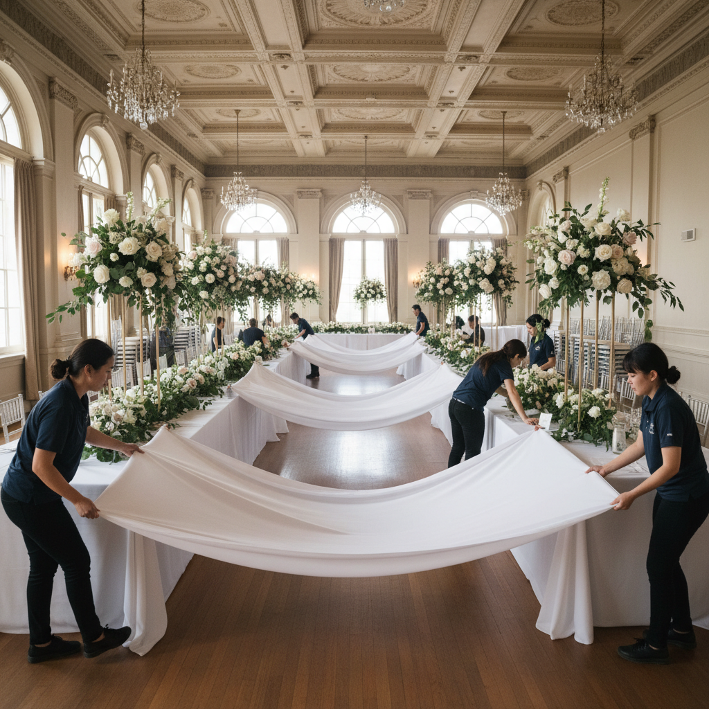 Event decoration team unfurling linen tablecloths and setting up floral installations in a ballroom