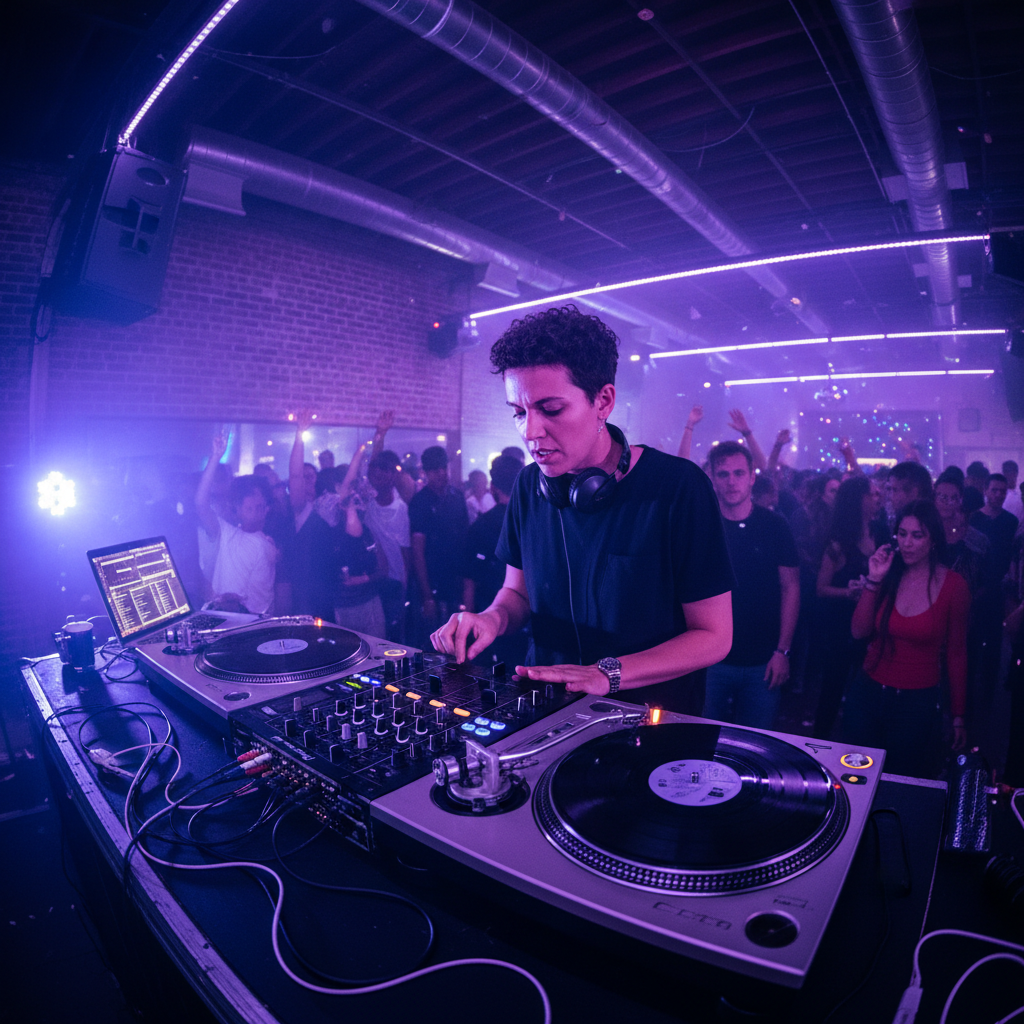 DJ at a Brooklyn nightclub with purple and blue lighting