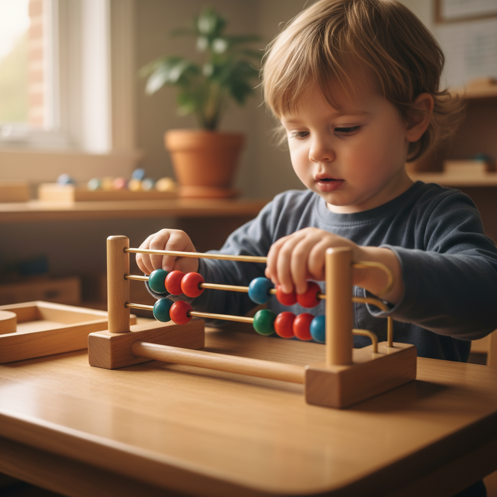 Child deeply focused on a Montessori bead chain mathematics material on a wooden table, hands carefully counting each bead