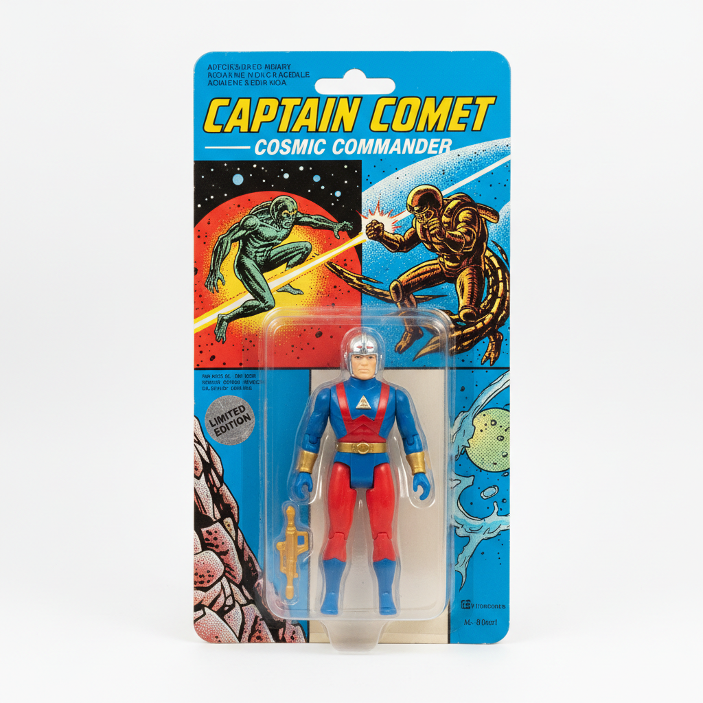 Vintage action figure toy in original packaging with colorful graphics