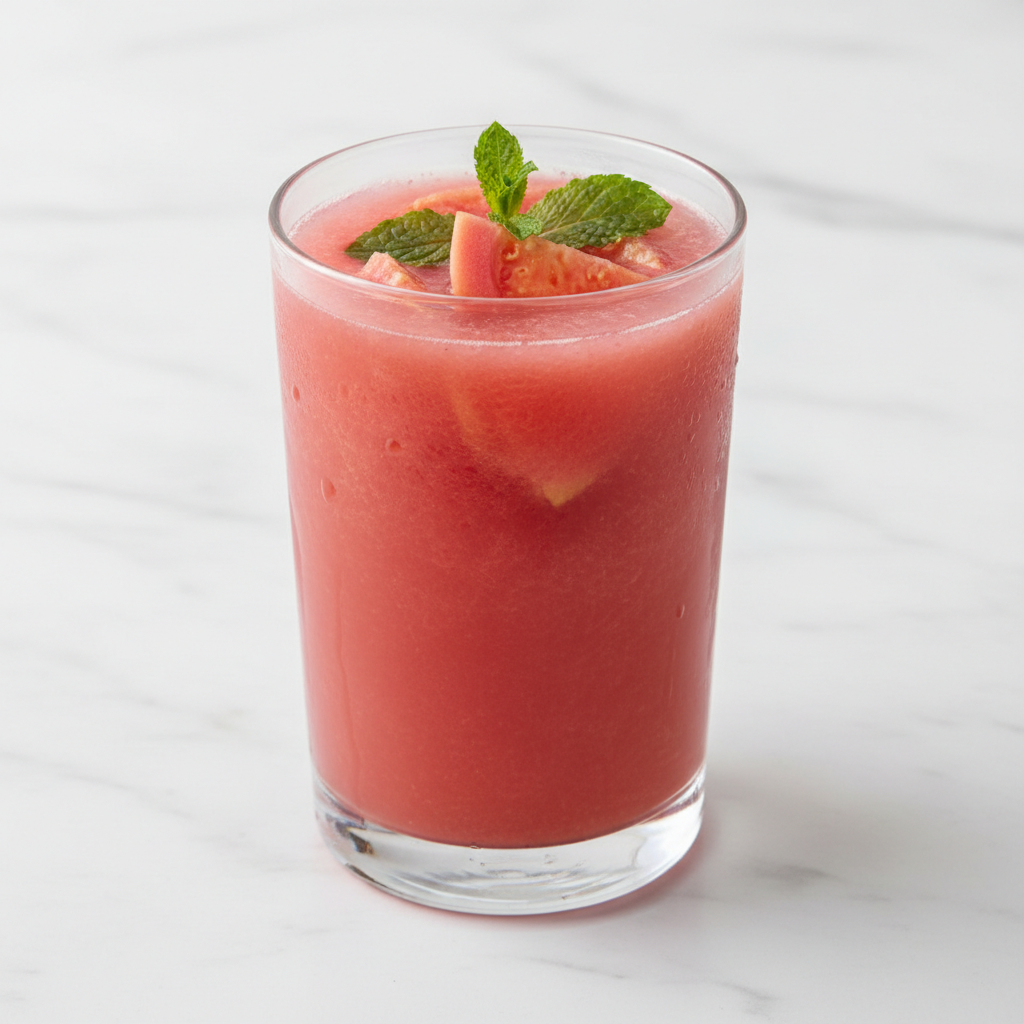 Pink guava ginger juice in a glass bottle with fresh guava and ginger root on a wooden board