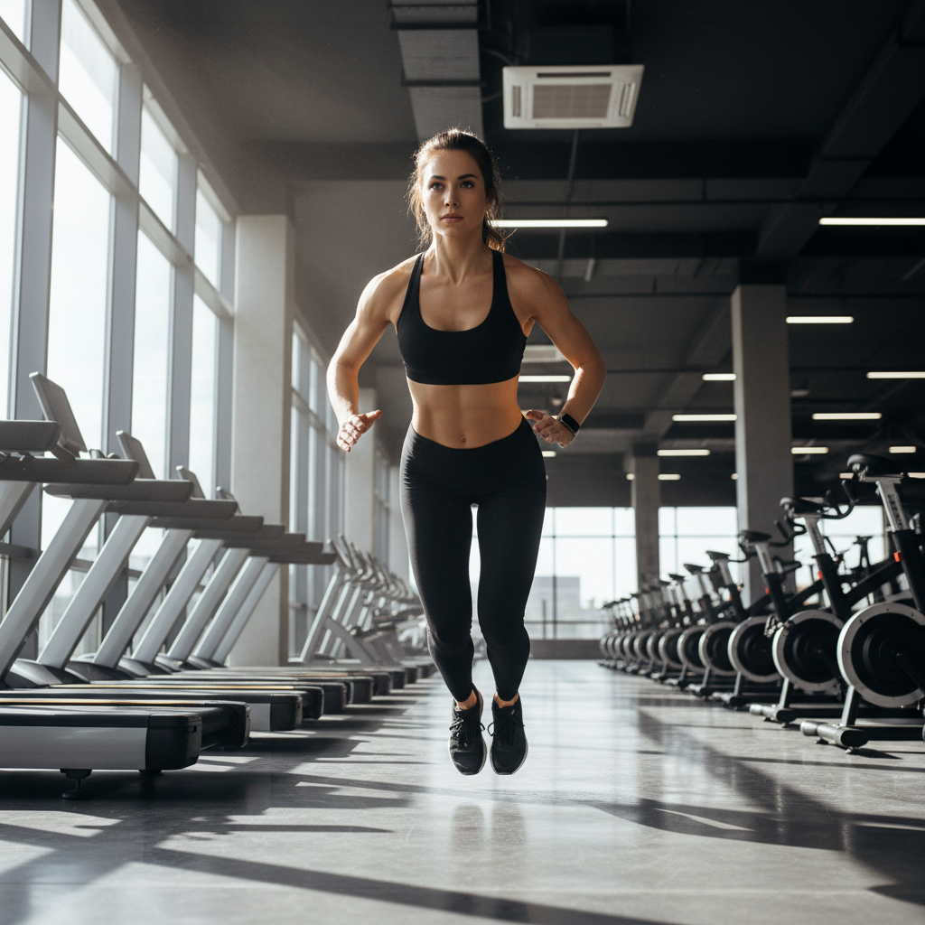Athletic woman in workout gear with bright natural light and airy open environment