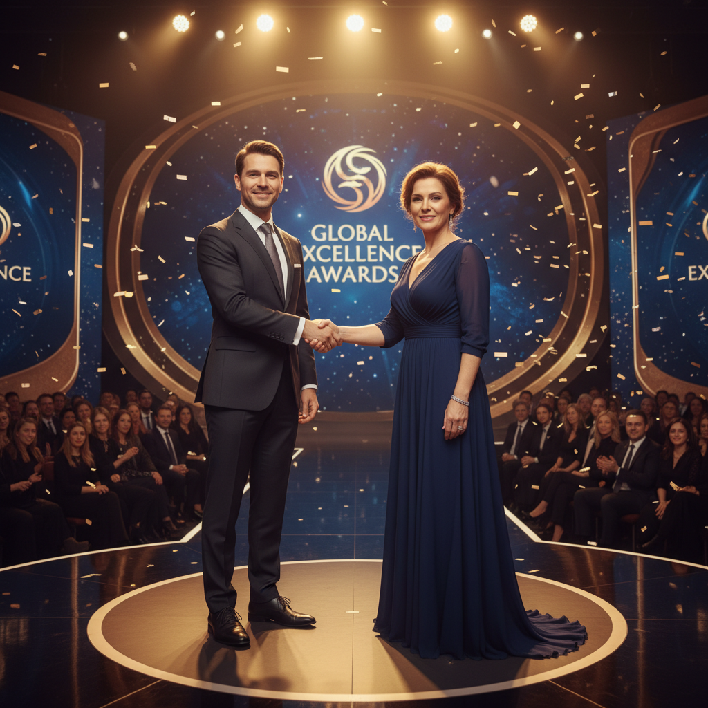 Award presentation moment at gala with two people shaking hands on stage