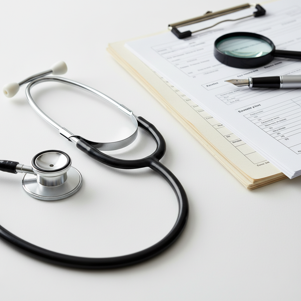Medical documents and stethoscope on desk, dim clinical lighting, dark background, shadowed medical environment