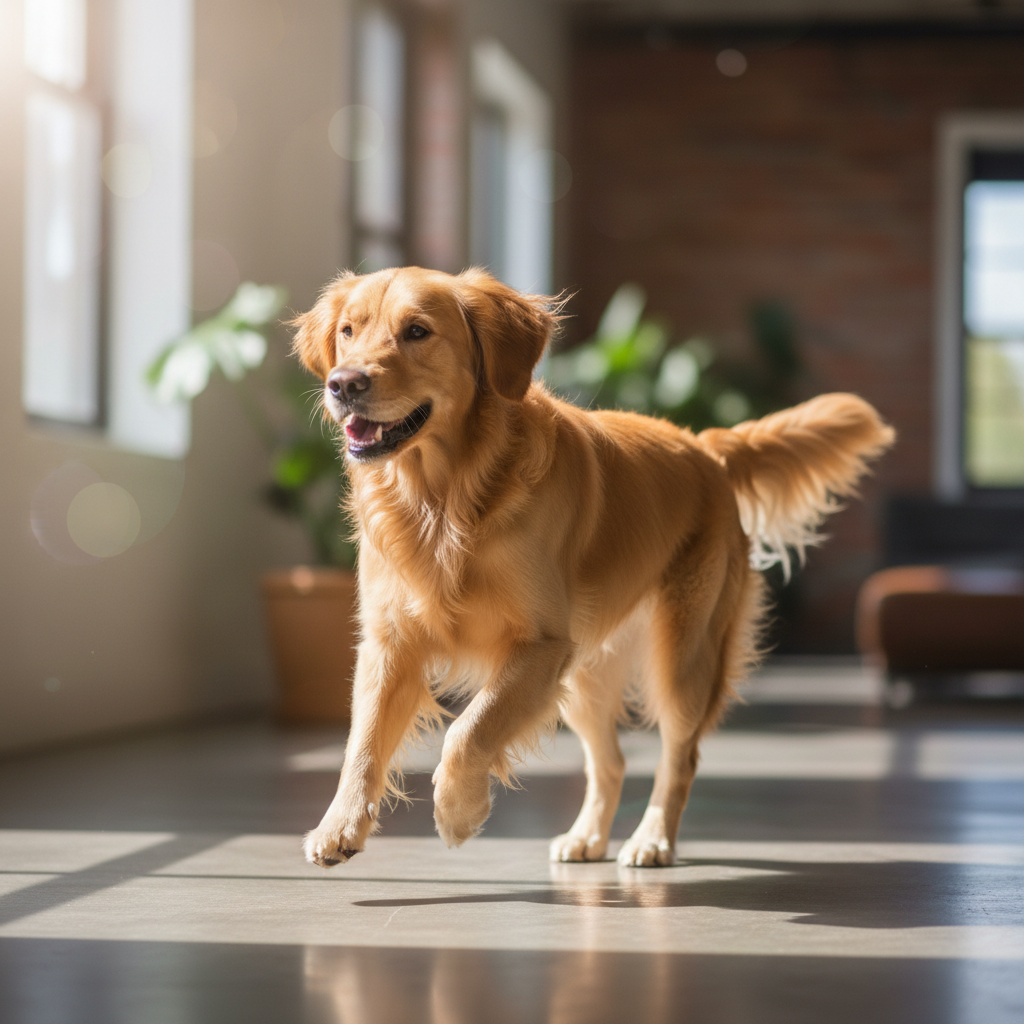 Golden retriever mid-stride on polished concrete floor, shallow depth of field, editorial fashion photography style