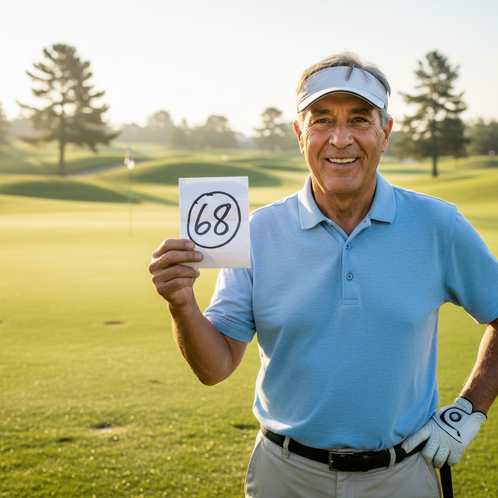 Retiree golfer holding up scorecard with a circled number on a sunny day