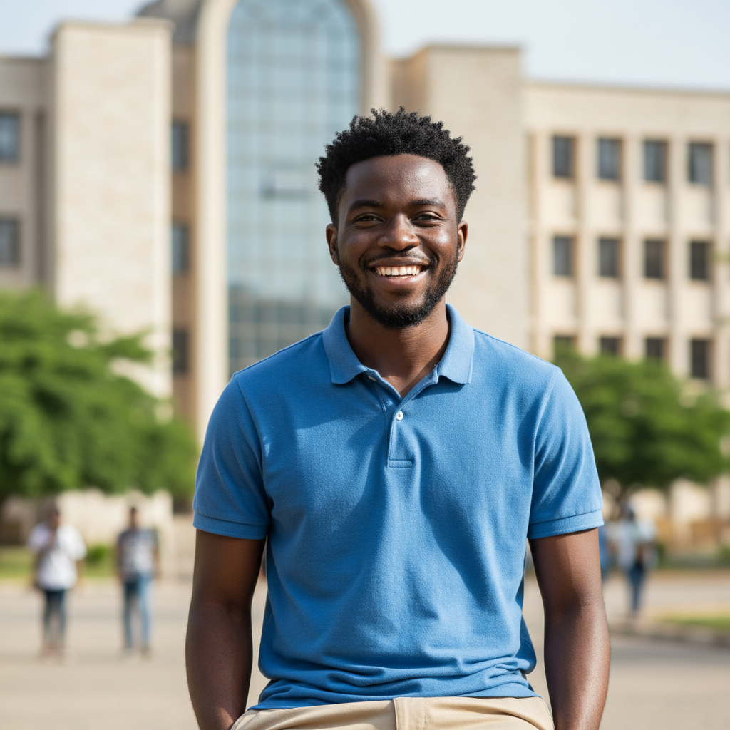 Young Ghanaian male student with confident expression in casual clothing
