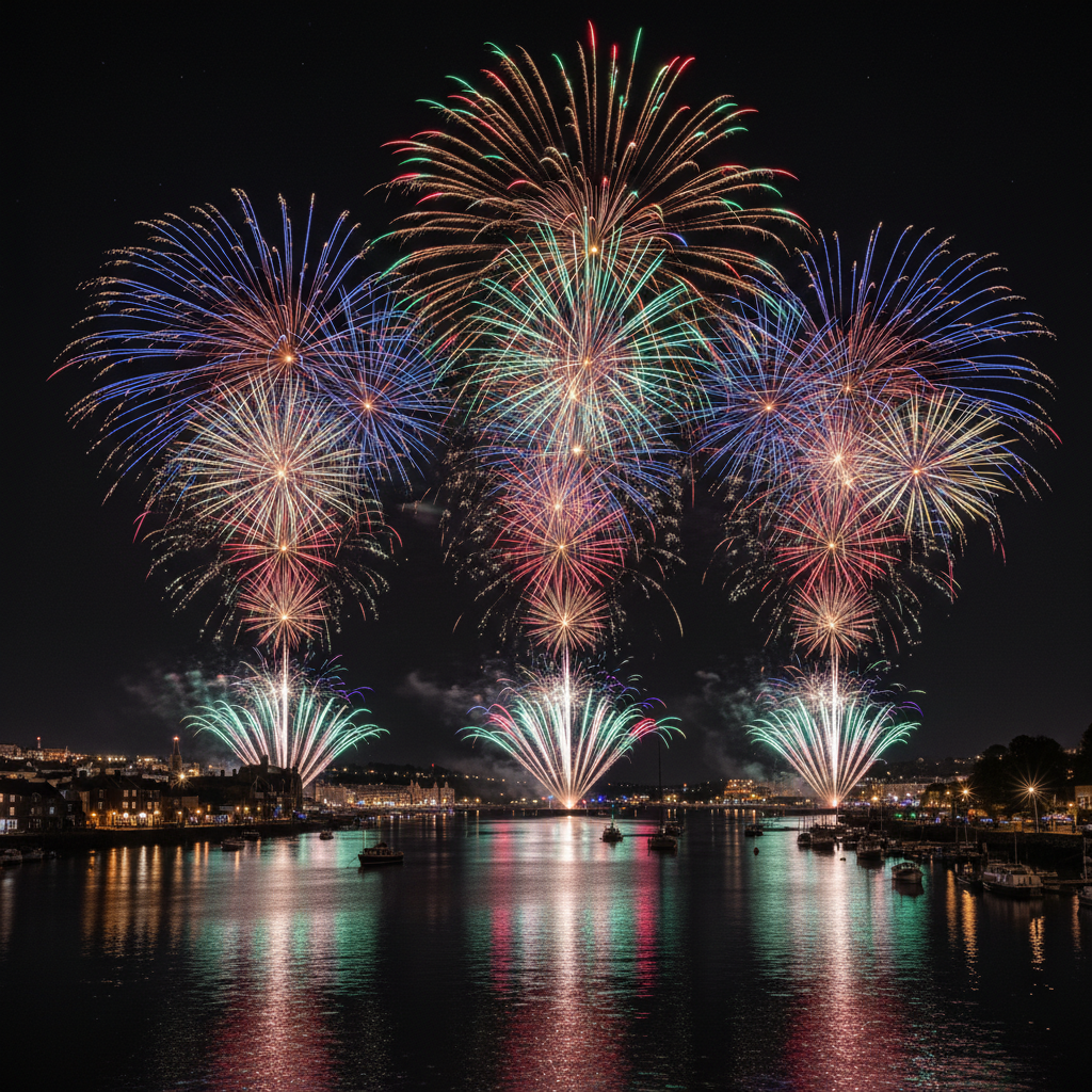 Regatta fireworks bursting over the River Dart at night from the waterfront
