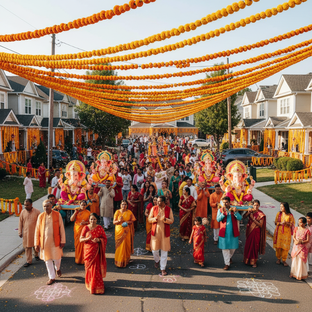 Suburban cul-de-sac decorated with marigold strings during Ganesh Chaturthi procession