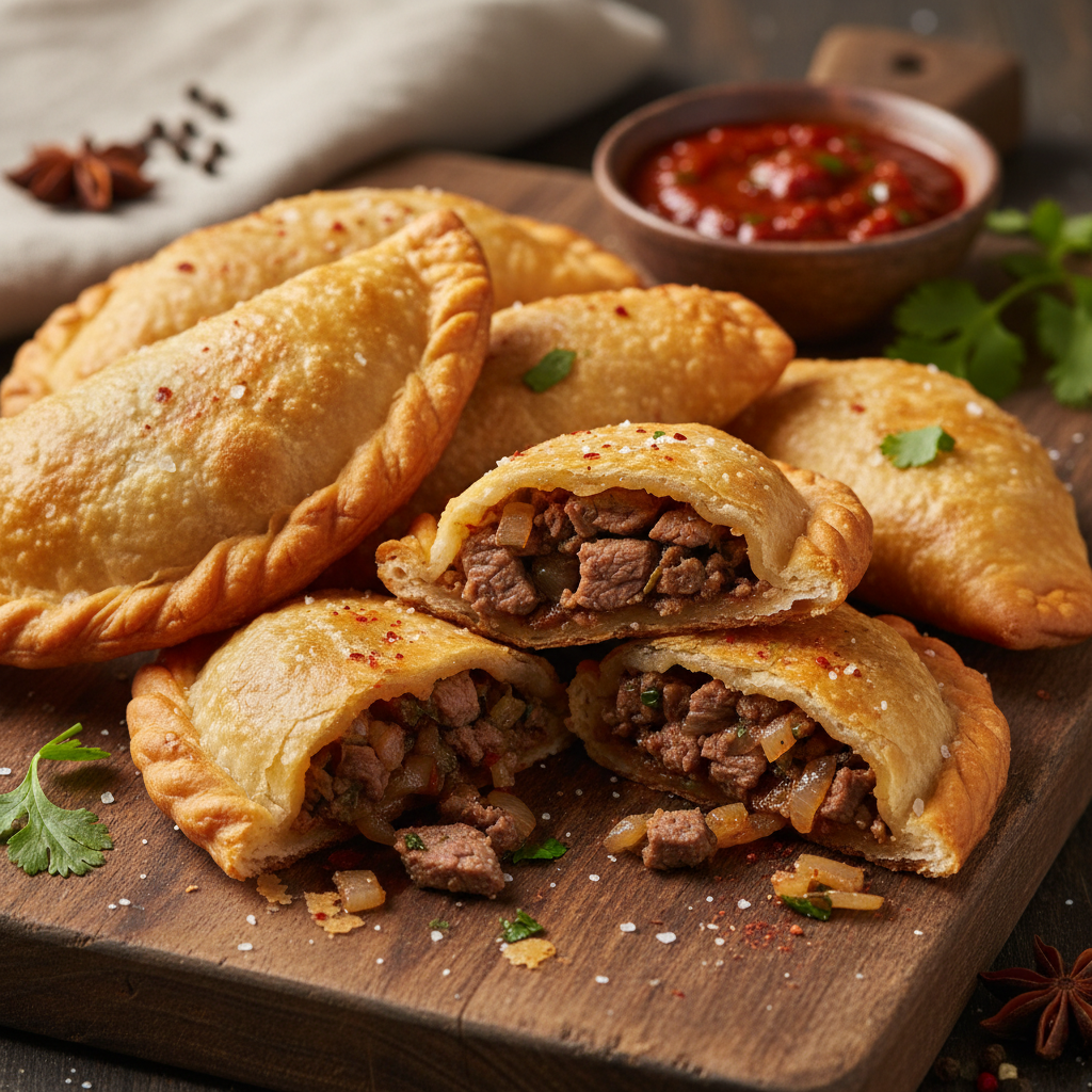 Empanada dorada con relleno de papa y carne sobre superficie rústica