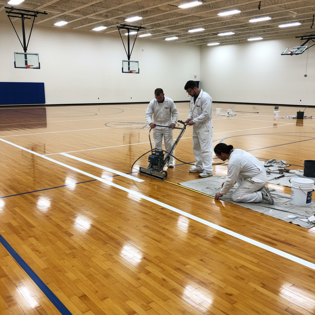 Professional court line painting on maple hardwood gymnasium floor with fresh white boundary lines