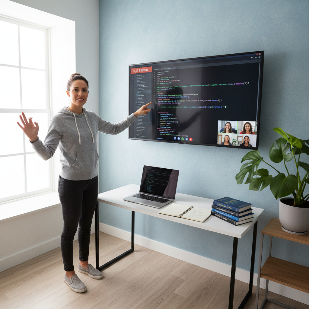 Priya Venkataraman, lead instructor, seated at laptop with code on screen in warm office light