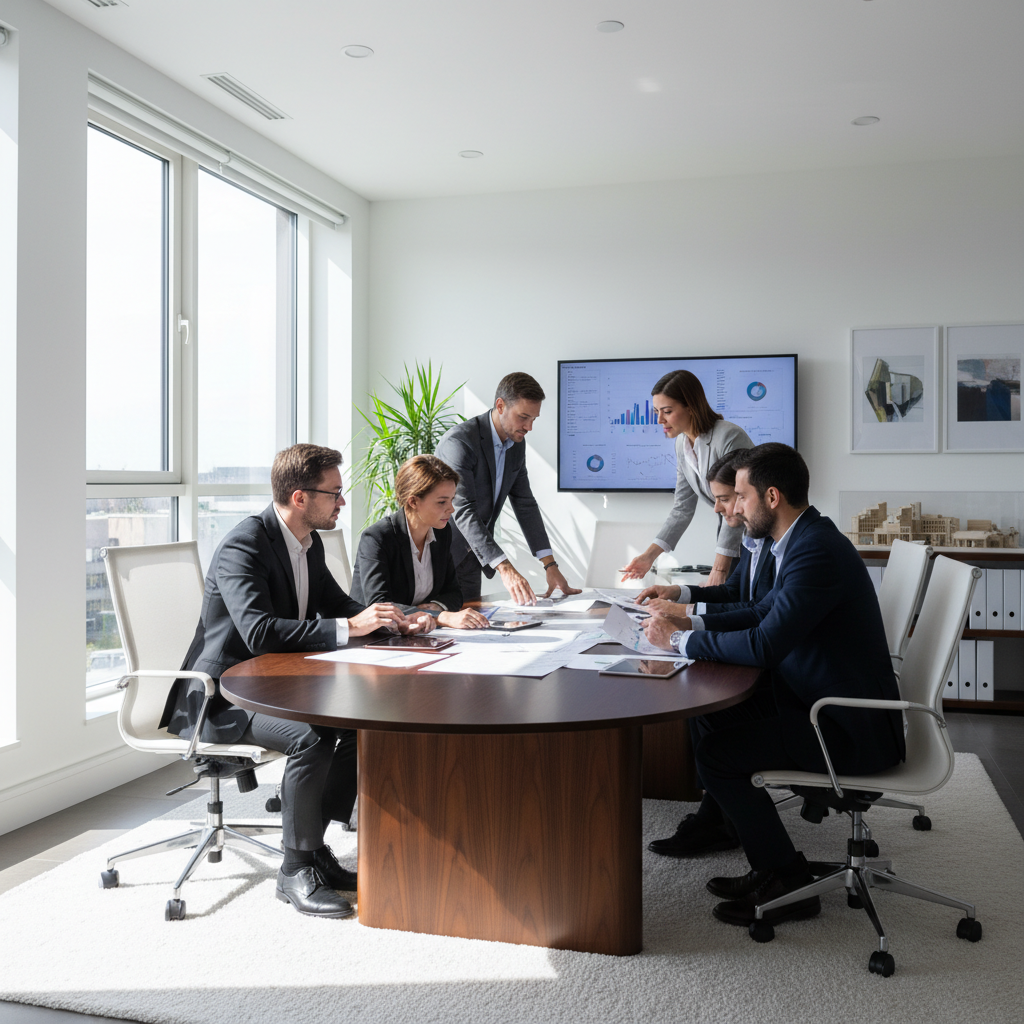 Well-lit meeting room with natural sunlight, people reviewing documents on a bright table, clean white walls