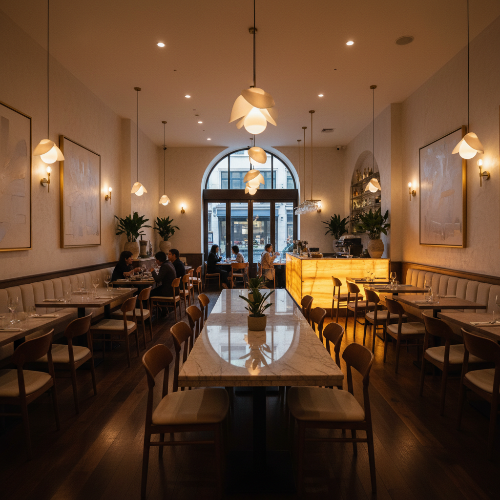 Modern restaurant interieur met open keuken en warme verlichting