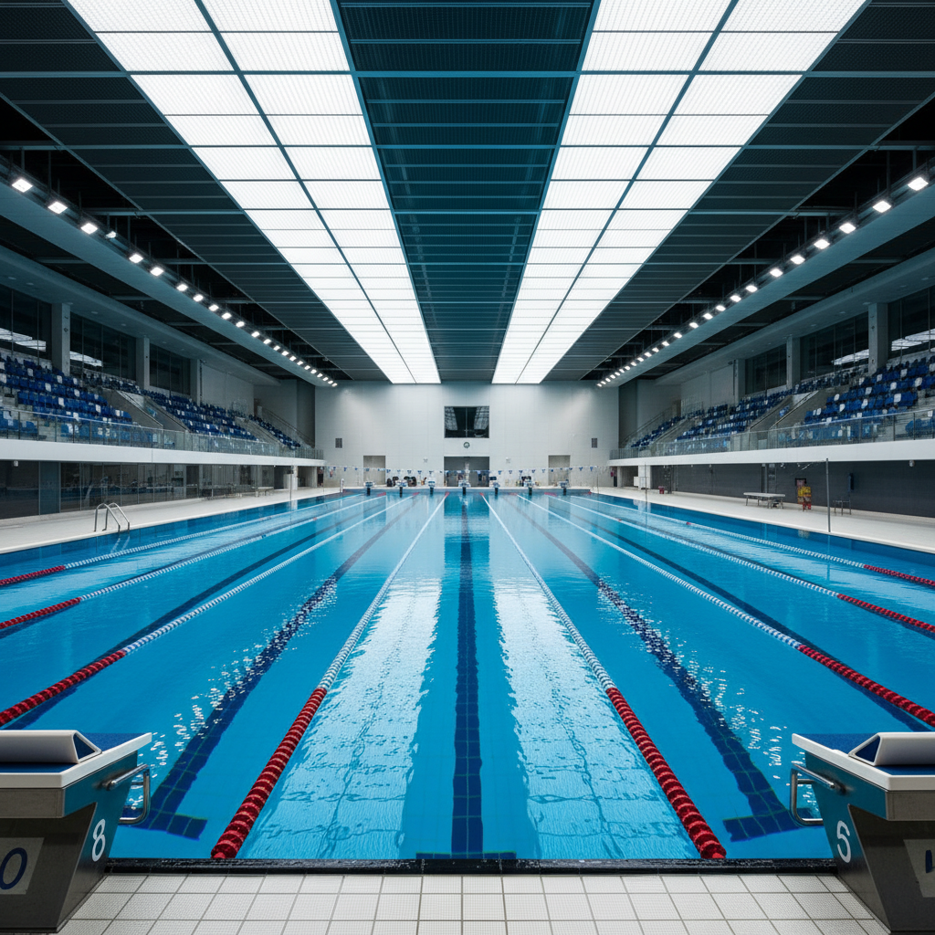 Olympic-size competition pool with glowing cyan lane lines seen from starting blocks end, LED lighting reflecting off still water