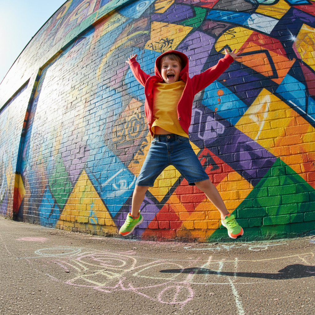 Child in bright sneakers mid-jump against colorful wall