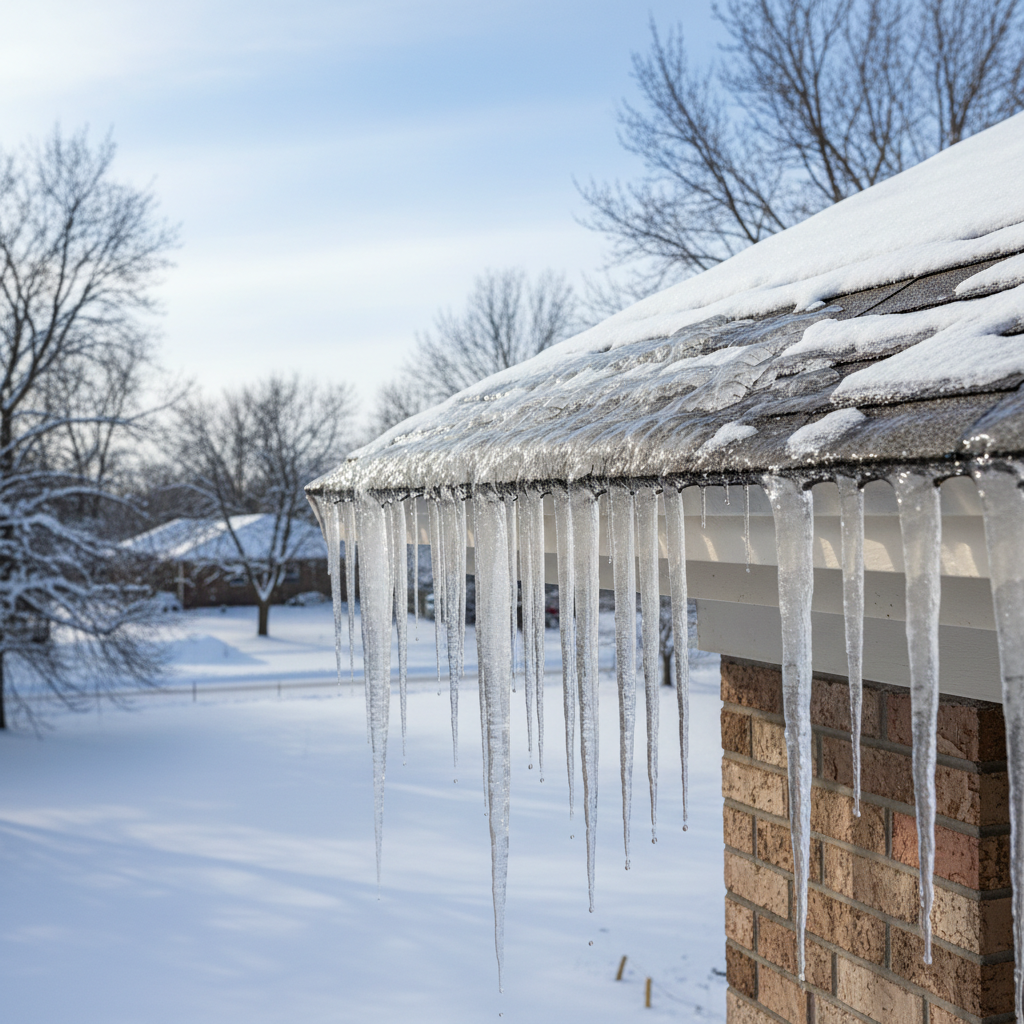 Ice dam formation on residential roof edge with icicles