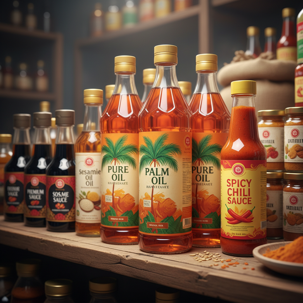Palm oil and cooking sauces in glass bottles