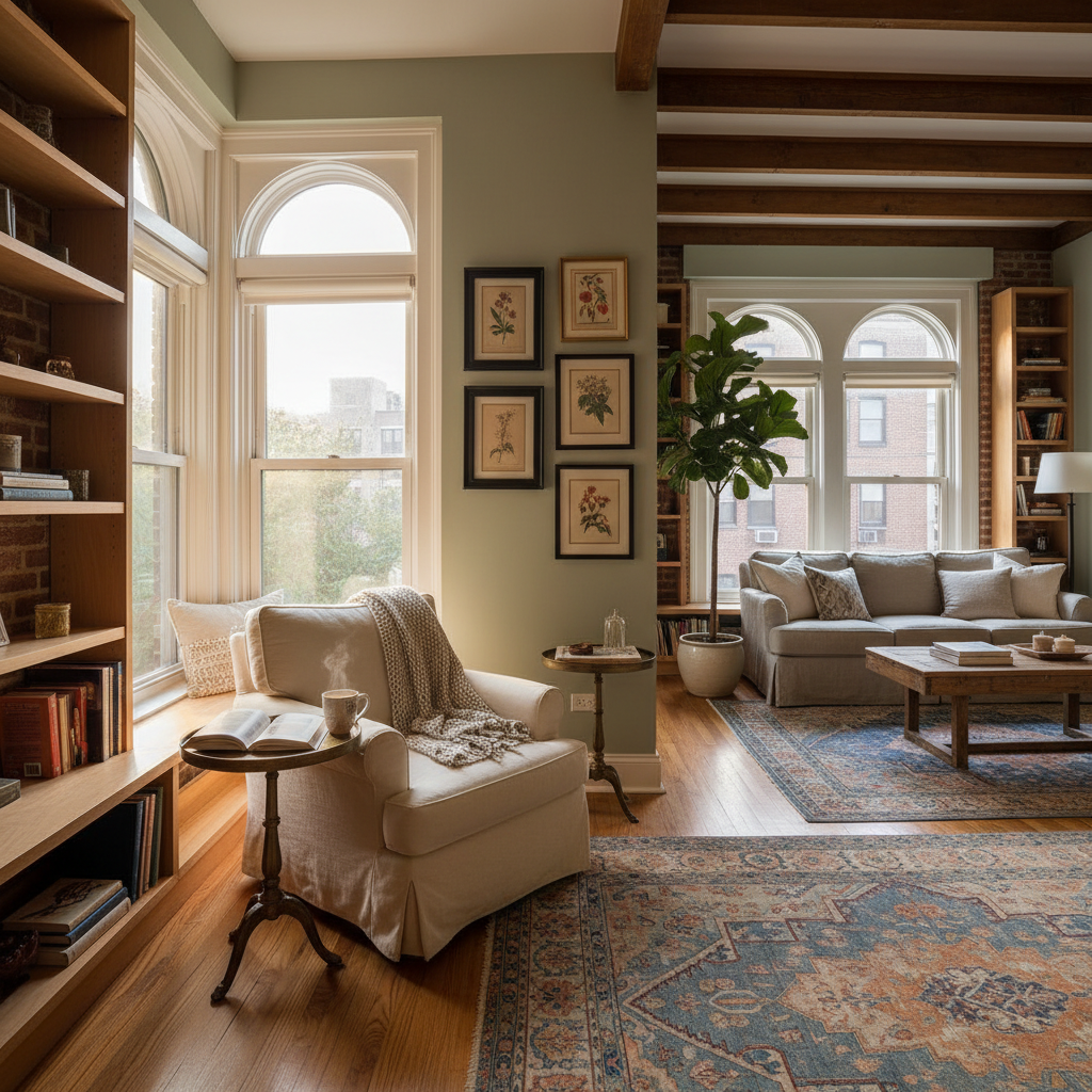 Renovated Park Slope one-bedroom with reading nook and warm evening light