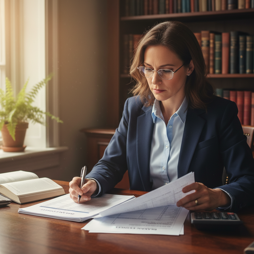Professional bookkeeper at mahogany desk reviewing financial statements