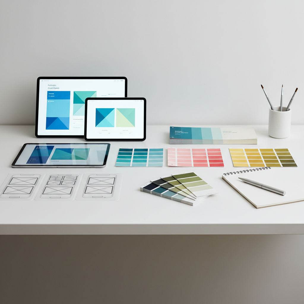 Airy studio with bright natural light showing printed business stationery and color swatches on a clean white desk