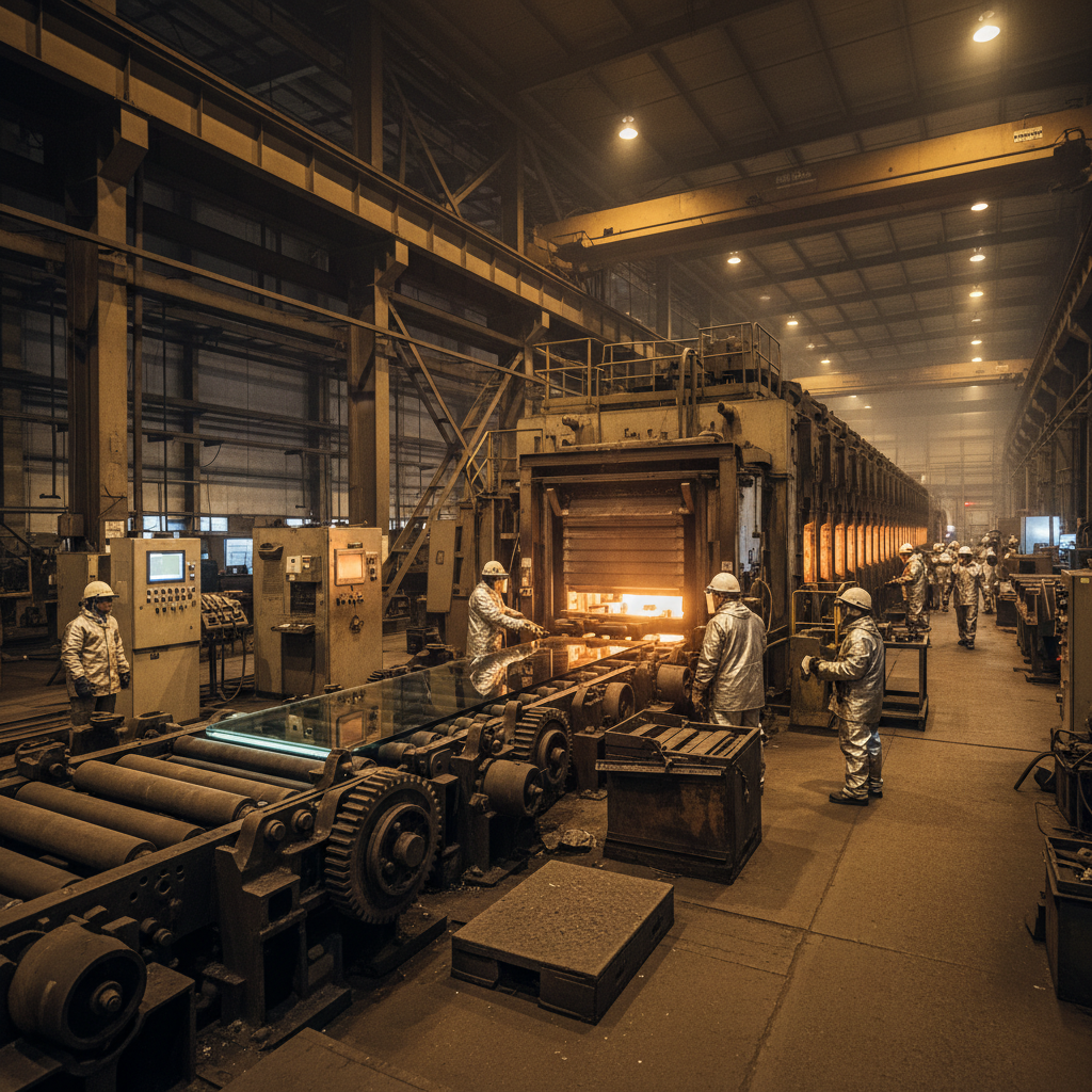 Steel manufacturing facility with large industrial equipment and workers in safety gear