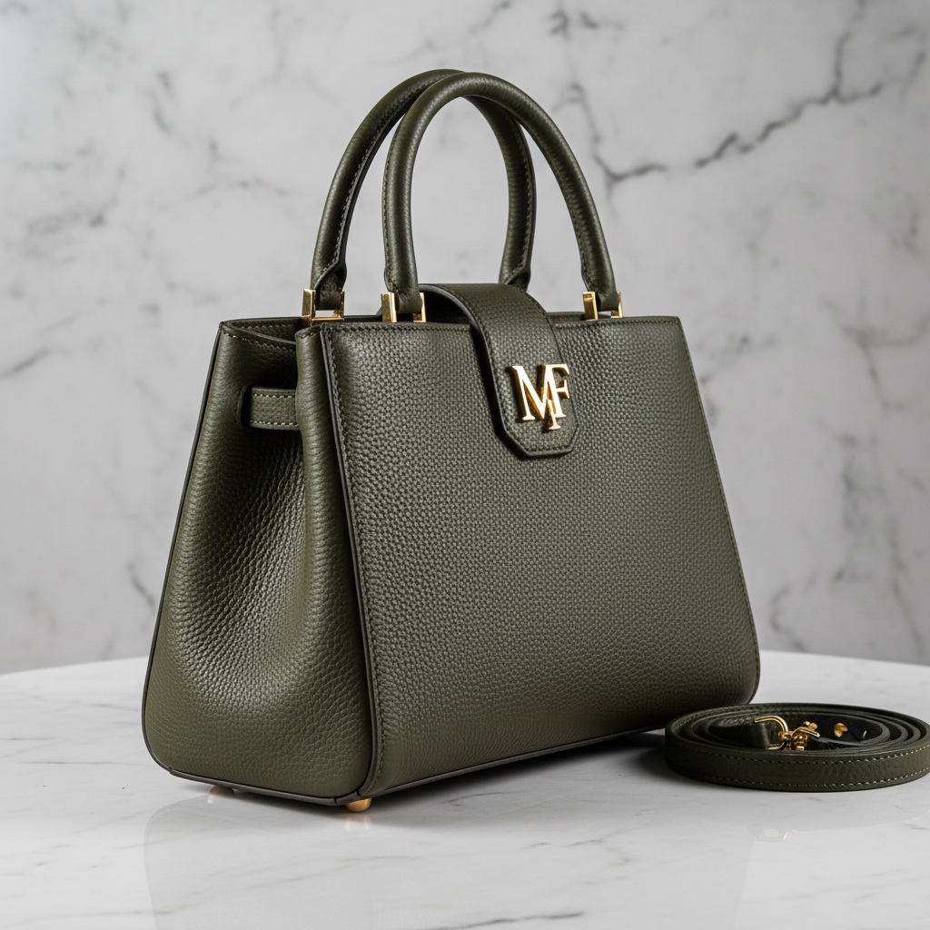 Bright flat lay of luxury leather bag and gold jewelry on ivory marble surface