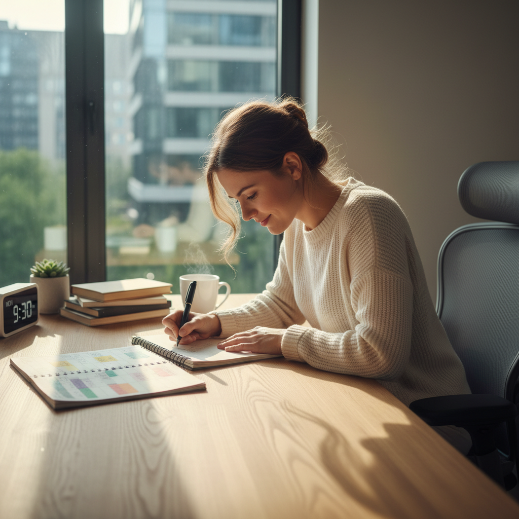 Person writing in a planner or notebook, organizing a weekly schedule, clean desk