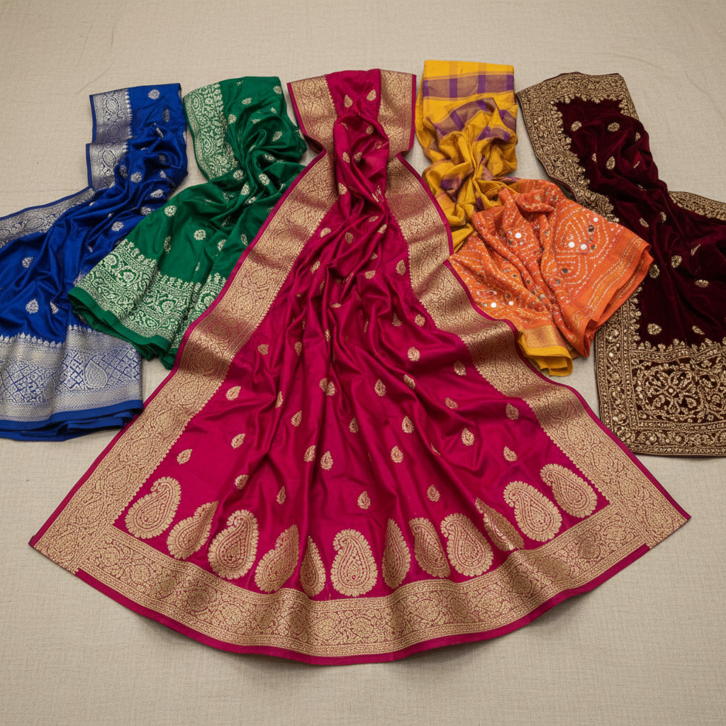 Vibrant collection of printed sarees with colorful floral and geometric patterns
