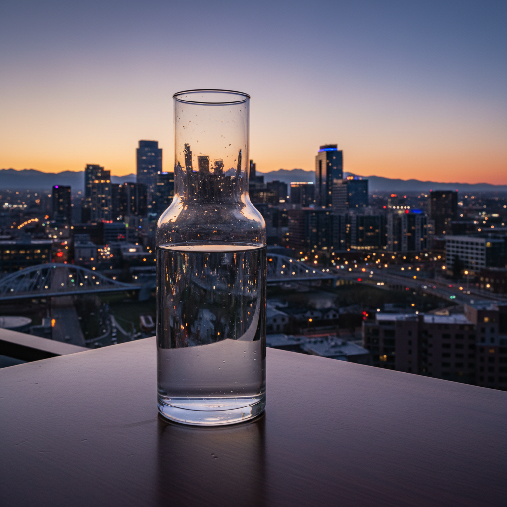 Glass carafe of crystal-clear water against a downtown Denver skyline at dusk, executive office setting