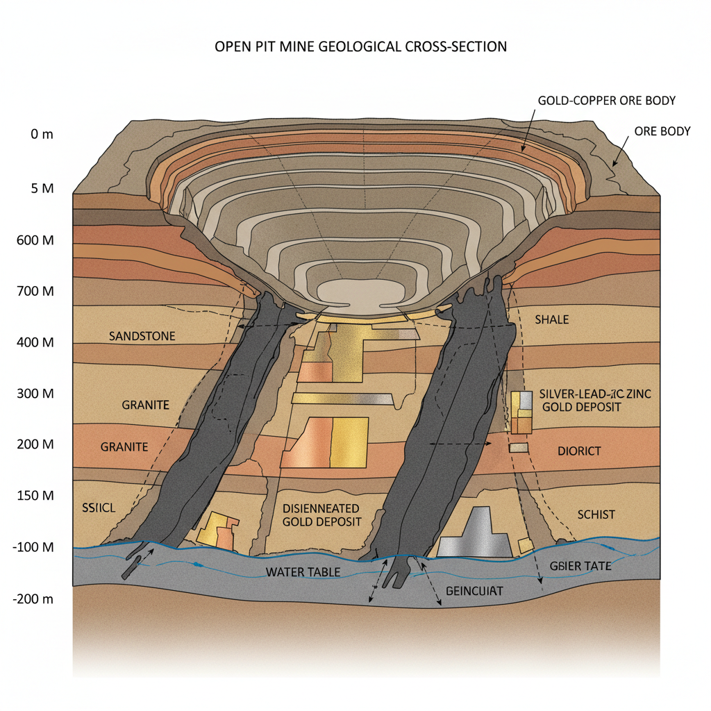 Open pit mine cross-section showing geological strata and ore zones at depth