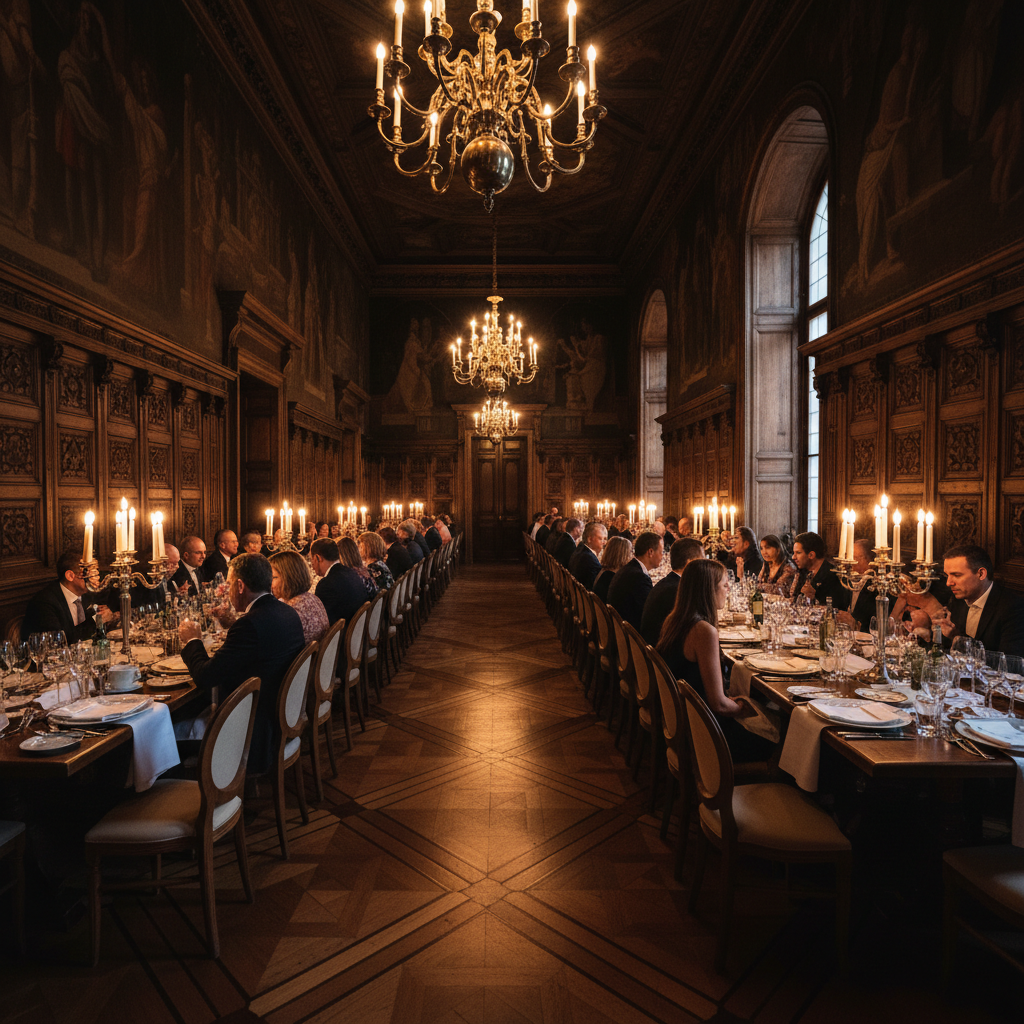 Elegant corporate event gala dinner setup in historic Portuguese palace, warm candlelight, dark wood paneling, deep shadows, moody atmospheric lighting