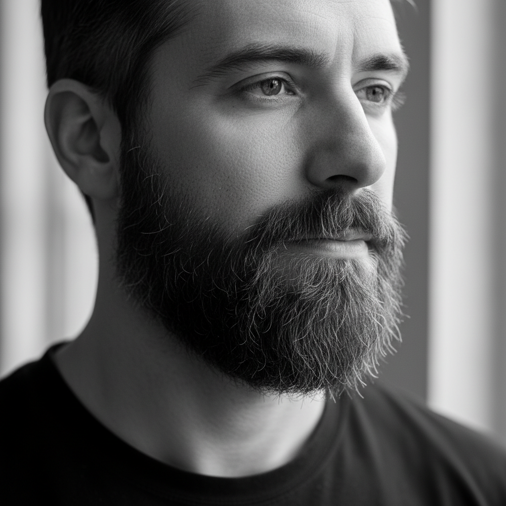 Bearded client after shaping with defined jawline