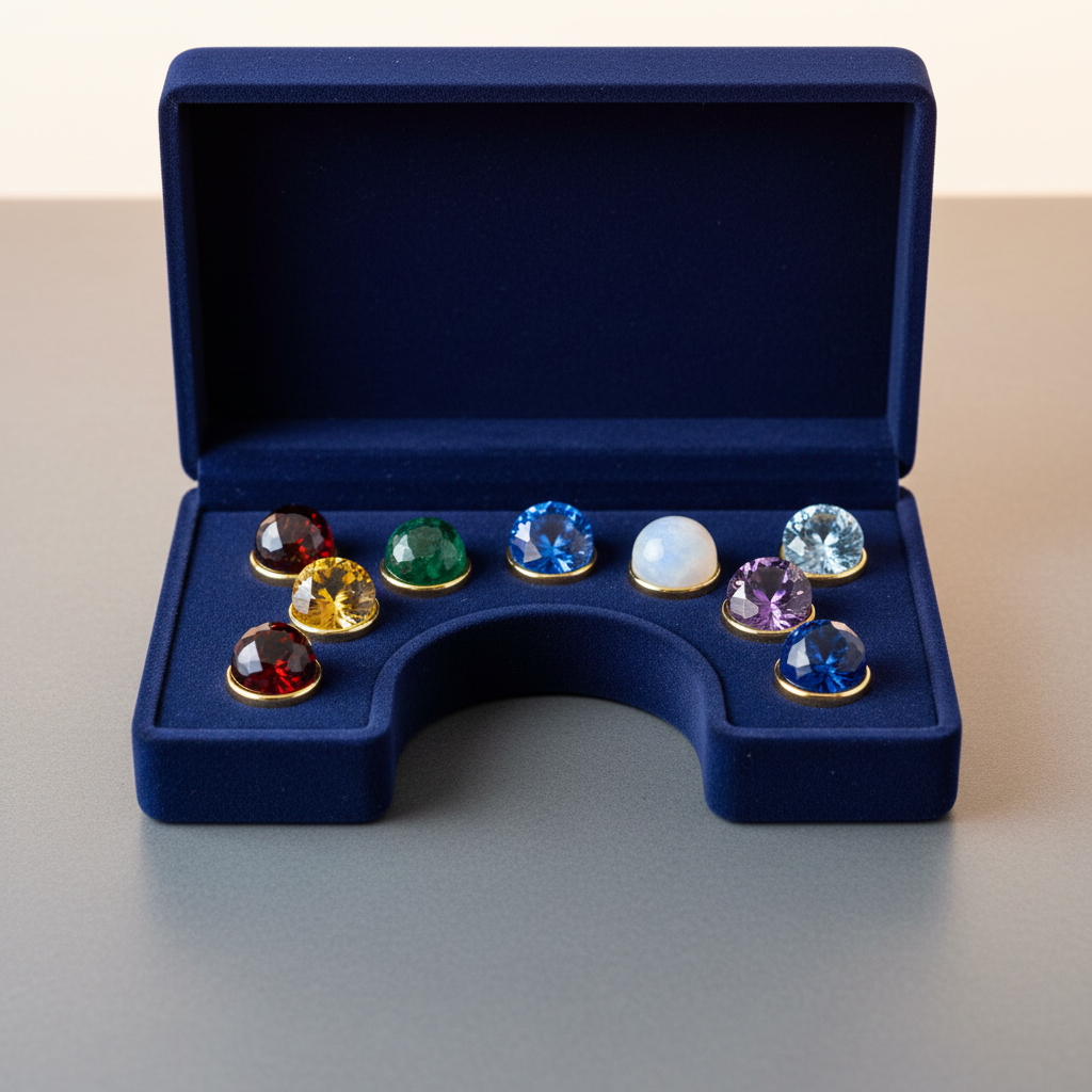 Collection of nine colorful planetary gemstones arranged on dark velvet background