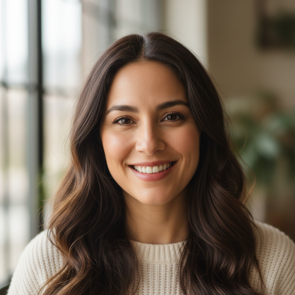 Professional headshot of Hispanic woman with long dark hair wearing white blouse, smiling at camera