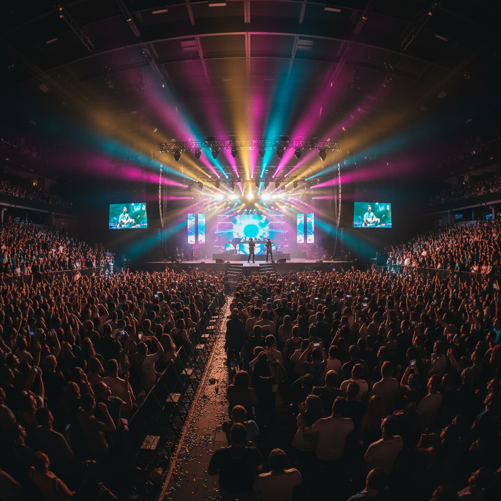 Large event venue with stage lighting, crowd, concert atmosphere, professional event photography