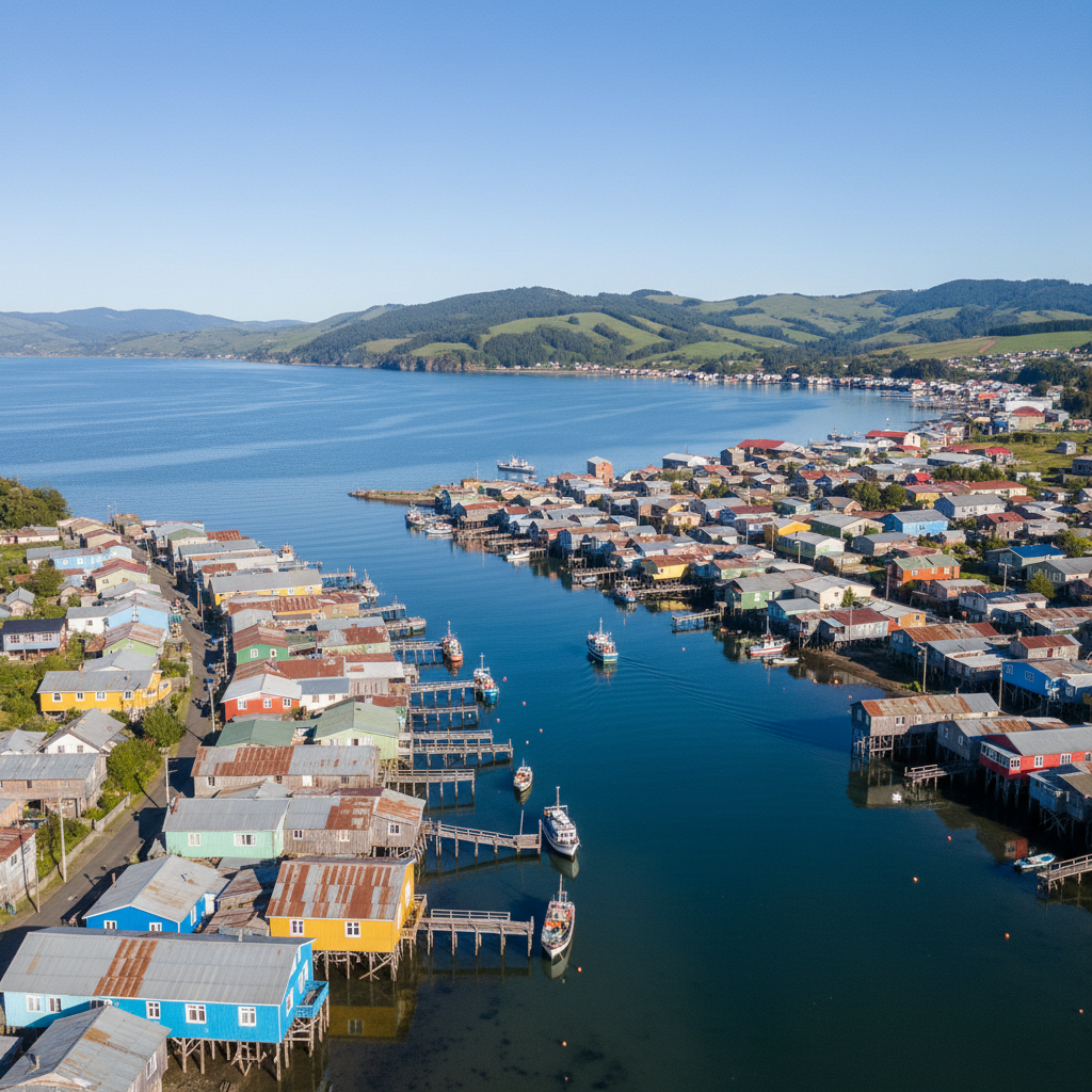 Vista aérea de Castro con palafitos y bahía de Chiloé