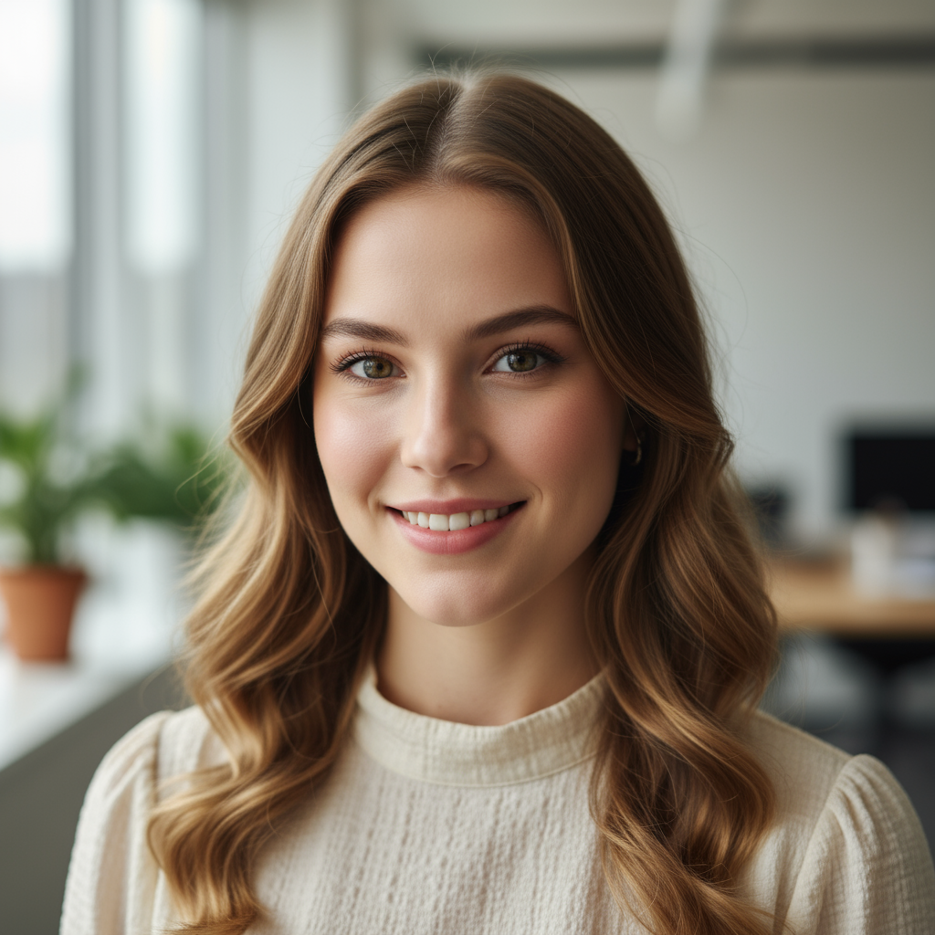 Young Caucasian woman with brown hair in white blouse with professional headshot