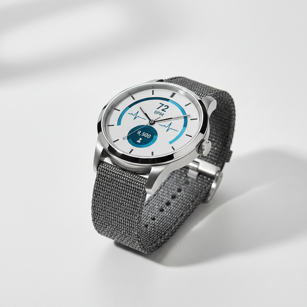 Silver smartwatch with leather strap on white surface