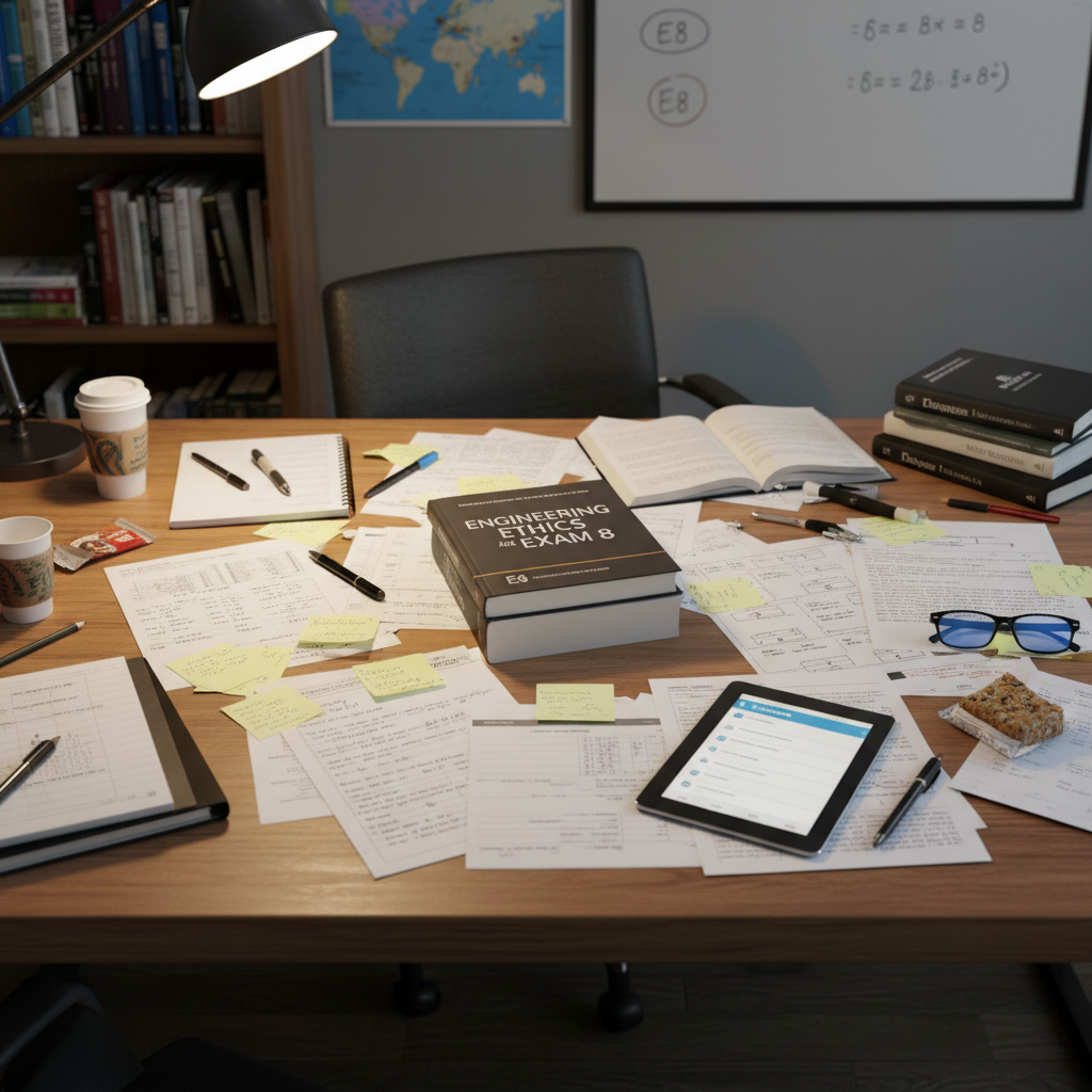 E8 exam prep study materials on desk