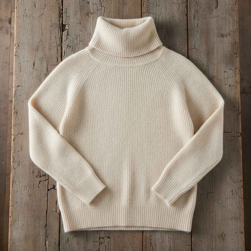 Ribbed knit crewneck sweater in warm beige, draped flat lay on neutral surface