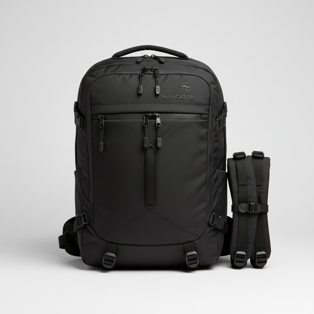 Branded backpacks and travel bags collection on dark surface, professional product shot