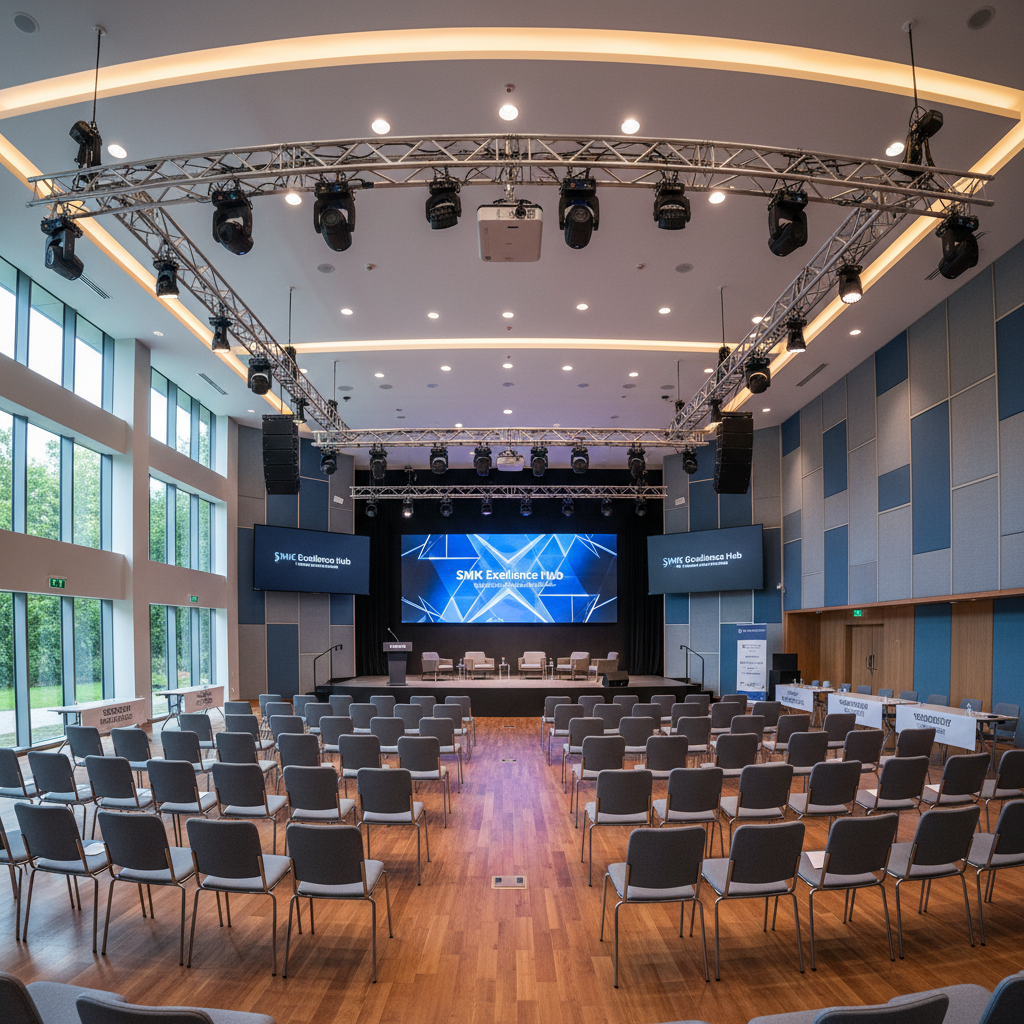 Modern corporate conference hall with projector and rows of chairs