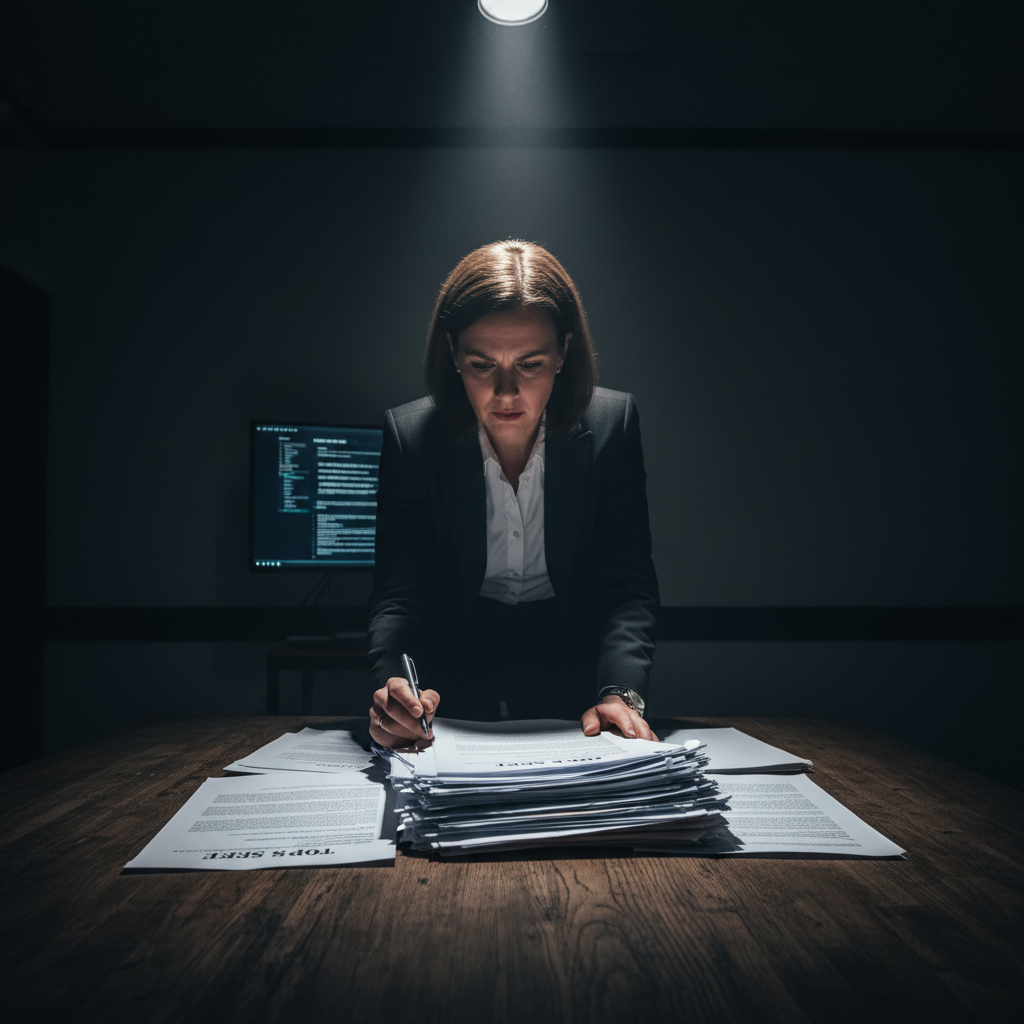 Business professionals reviewing documents at desk, focused work environment, dark office, low-key professional lighting