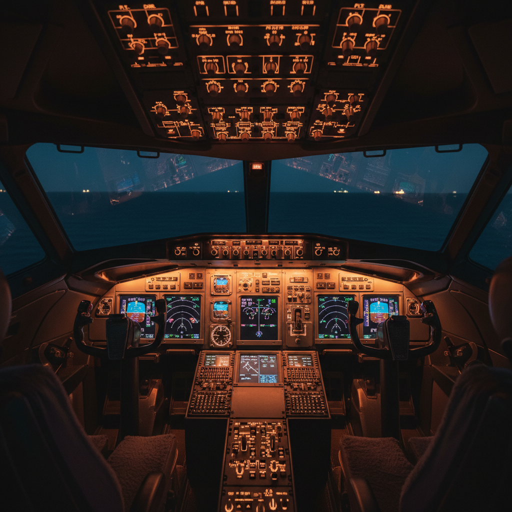 Night cockpit view with glowing instrument panel over Atlantic