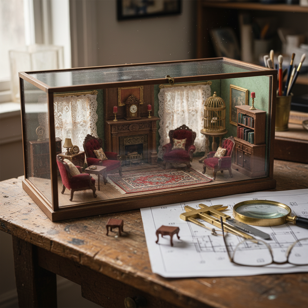 Miniature scale model of a Victorian parlor set on a worktable with measuring tools