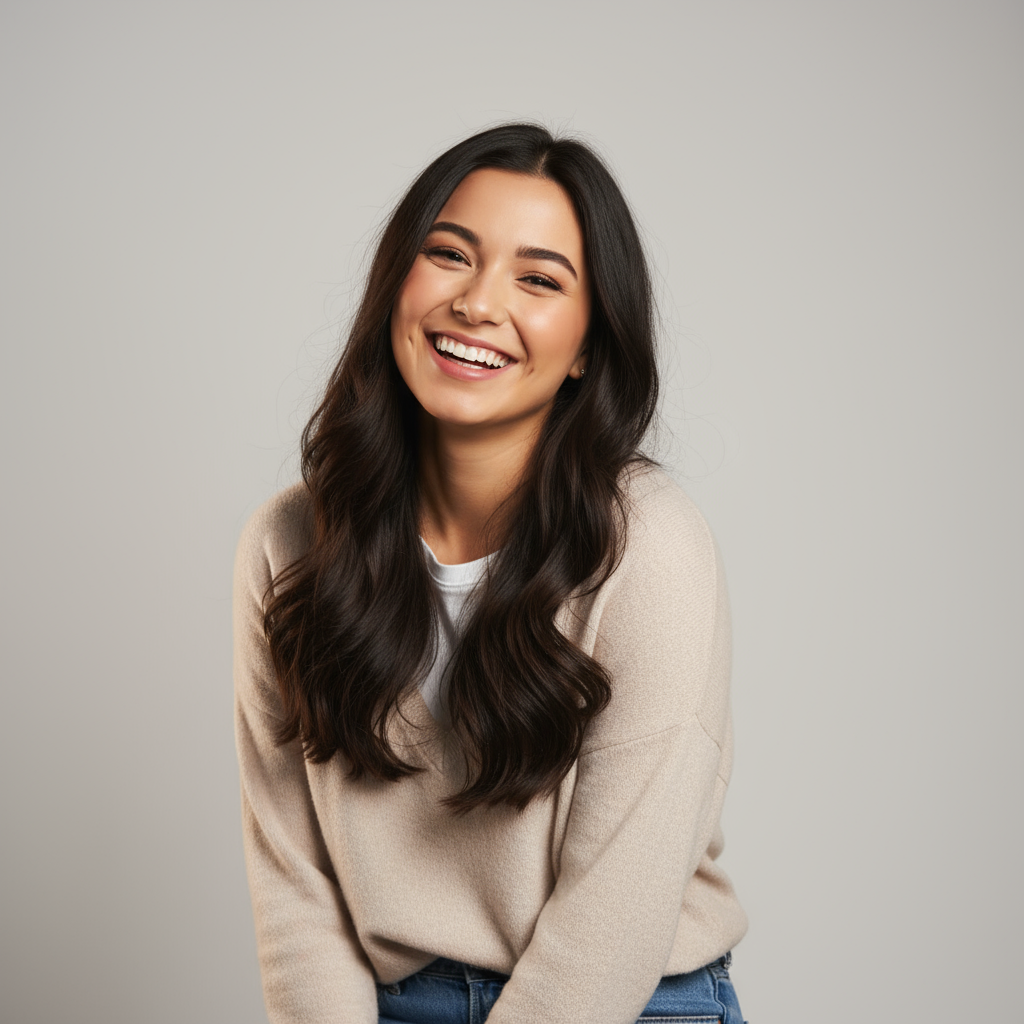 Young woman with long dark hair in casual attire smiling in creative studio with colorful background