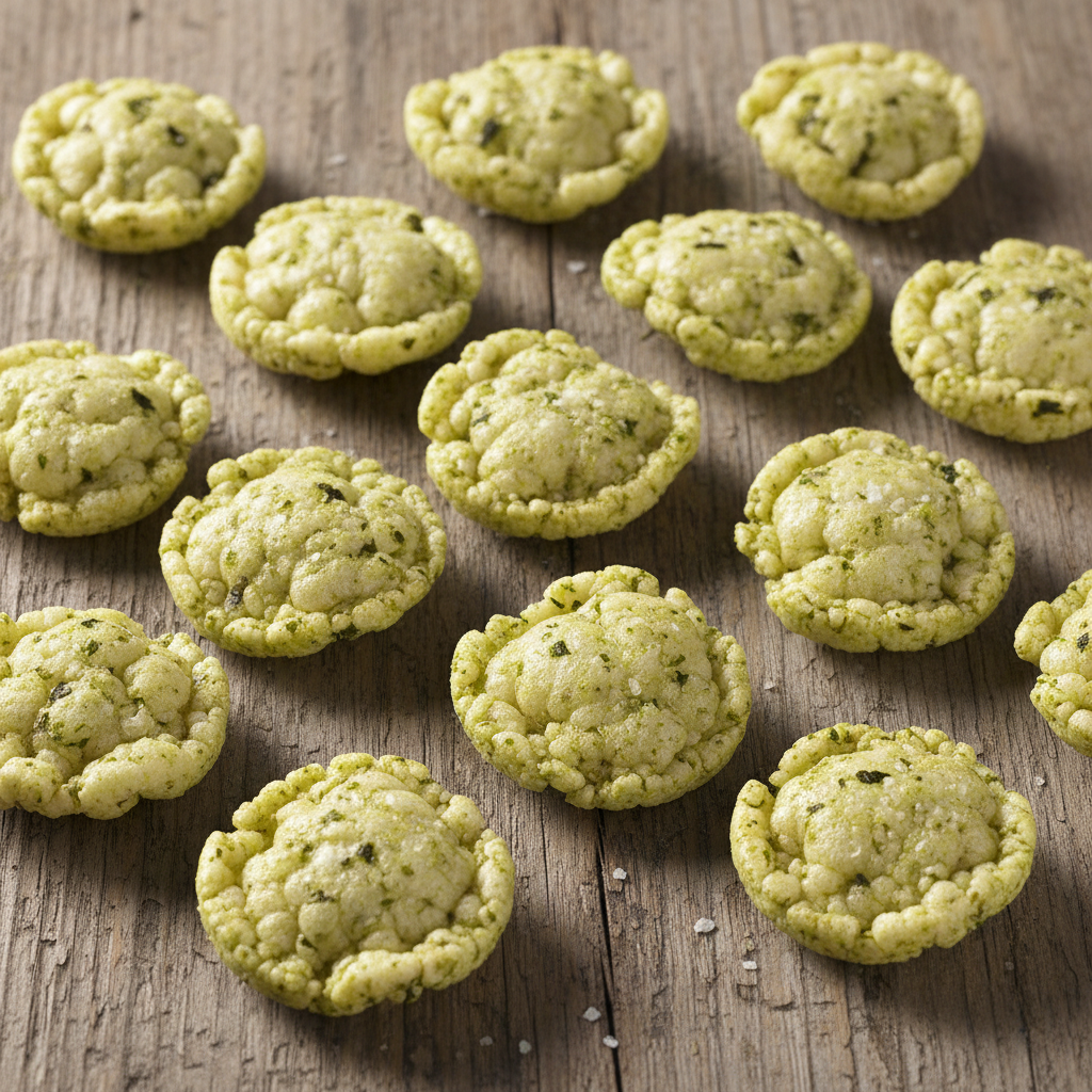 Light green seaweed flavored rice crackers scattered on wooden surface
